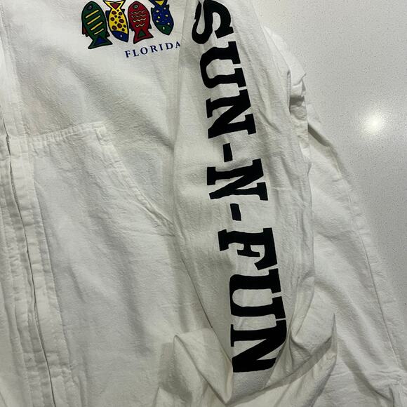 Florida Women Small Sun n Fun White Light Weight Jacket Colorful Fish Hooded - Picture 4 of 9